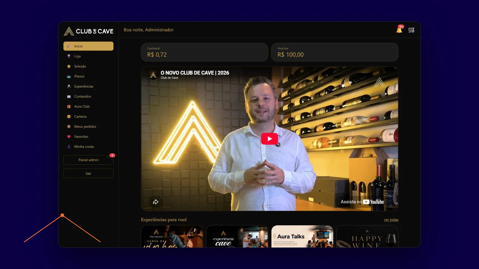 Interface do projeto Club de Cave